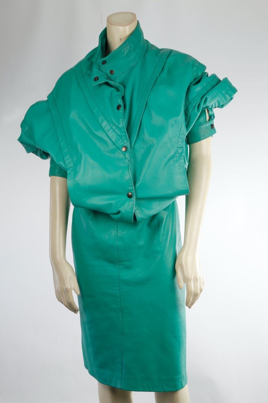 Vintage 80s Jade Green Leather Skirt Suit Set Batwing Dolman Jacket Pencil Skirt